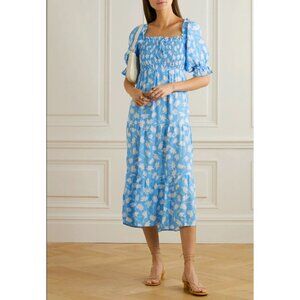 New Faithfull Olinda Shirred Floral Crepe Nap Dress Blue 8 $225